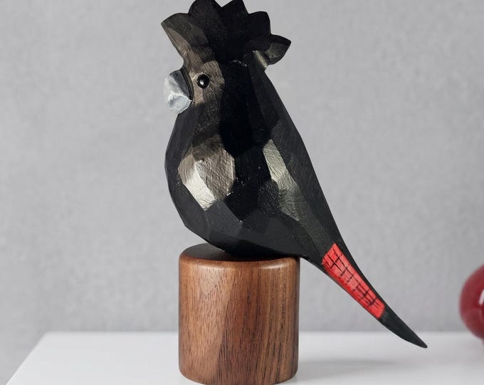Hand-Painted Basswood Cockatoo Figurine, Black Walnut Base, Miniature Bird Sculpture