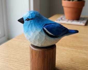 Hand Carved Mountain Bluebird Wooden Figurine, Rustic Whittled Bird Decor