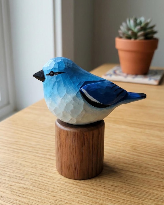 Hand Carved Mountain Bluebird Wooden Figurine, Rustic Whittled Bird Decor