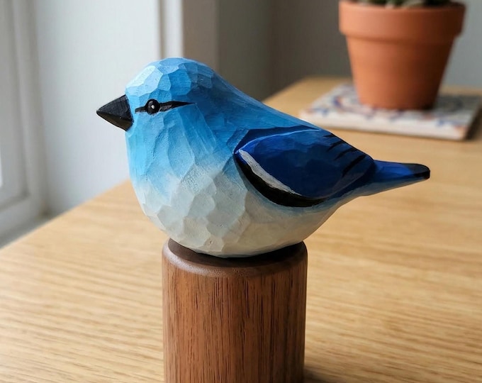 Hand Carved Mountain Bluebird Wooden Figurine, Rustic Whittled Bird Decor