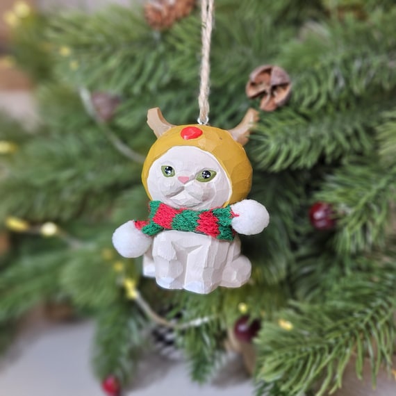 Whimsical Cat Christmas Ornament: Deer Hat, Mini Scarf - Gift Box