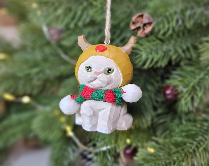 Whimsical Cat with Deer Hat and Mini Scarf Hanging Christmas Tree Ornaments - Gift Box Included