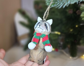Raccoon Christmas Tree Ornament with Mini Scarf - Gift Box Packed Woodland Animal Holiday Decoration