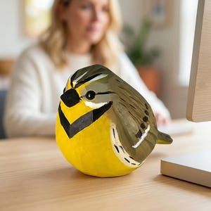 Hand-carved wooden Western Meadowlark figurine with a faceted whittled texture and hand-painted yellow breast and black V-neckband. The bird sculpture is perched on a wooden surface next to a notebook and pencil, perfect for rustic office decor, a nature-themed shelf sitter, or a unique gift for bird watchers.