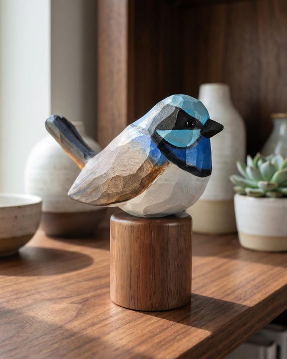 Hand-Carved Blue Fairy-wren Figurine, Basswood Animal Sculpture, Bird Watcher Gift, Desk Decor