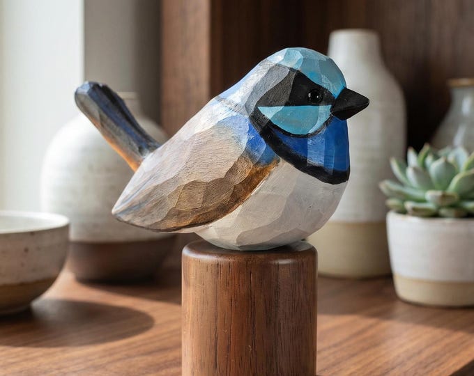 Hand-Carved Blue Fairy-wren Figurine, Basswood Animal Sculpture, Bird Watcher Gift, Desk Decor