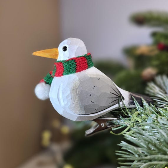 Seagull Wooden Clip-on Christmas Tree Ornaments - Holiday Decorations with Mini Scarf & Gift Box