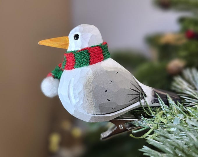 Seagull Wooden Clip-on Christmas Tree Ornaments - Holiday Decorations with Mini Scarf & Gift Box