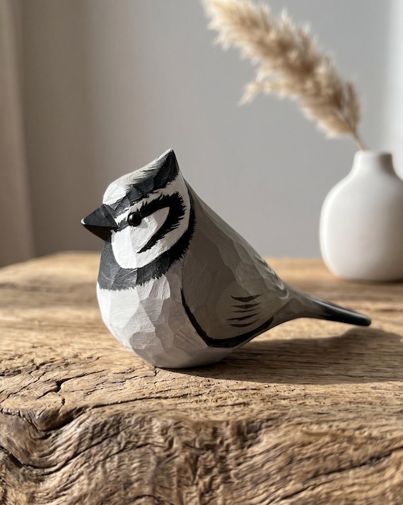 Hand Painted Bridled Titmouse Figurine, Basswood Bird Sculpture, Walnut Base