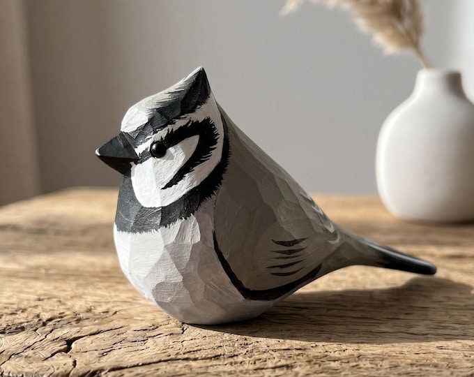 Hand Painted Bridled Titmouse Figurine, Basswood Bird Sculpture, Walnut Base