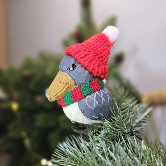 Shoebill Christmas Tree Ornament: Basswood Bird with Scarf & Hat