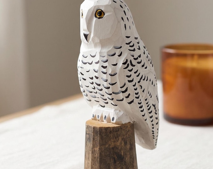 Hand Carved Snowy Owl Figurine, Basswood Bird Statue, Realistic White Owl Art