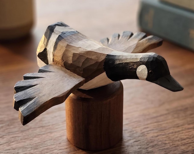Hand-Painted Flying Canada Goose Figurine, Basswood Waterfowl Sculpture, Black Walnut Base