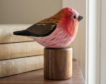 Hand Carved Purple Finch Figurine, Rustic Woodland Bird Decor, Chiseled Wood Carving