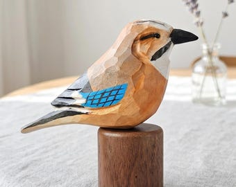Hand Carved Eurasian Jay Figurine, Basswood Bird Statue, Realistic Blue Winged Art