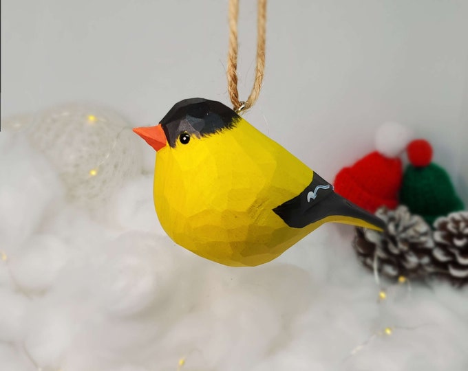 Goldfinch Hanging Christmas Ornaments Wooden Hand Carved Painted Bird