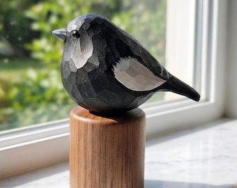 Hand-Carved Wooden Lark Bunting Figurine | Colorado State Bird Decor | Rustic Black Bird Wood Carving
