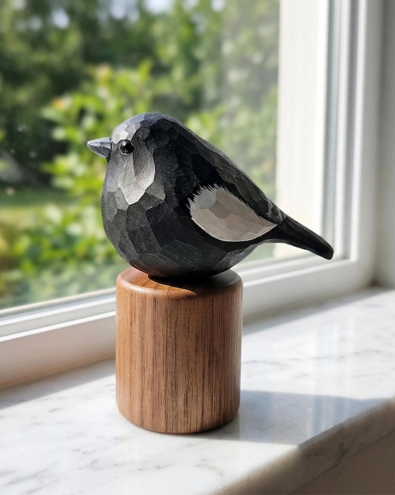 Hand-Carved Wooden Lark Bunting Figurine | Colorado State Bird Decor | Rustic Black Bird Wood Carving