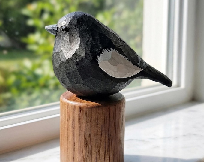 Hand-Carved Wooden Lark Bunting Figurine | Colorado State Bird Decor | Rustic Black Bird Wood Carving