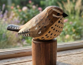Hand Carved Cactus Wren Figurine, Whitted Desert Bird Statue, Rustic Wood Art