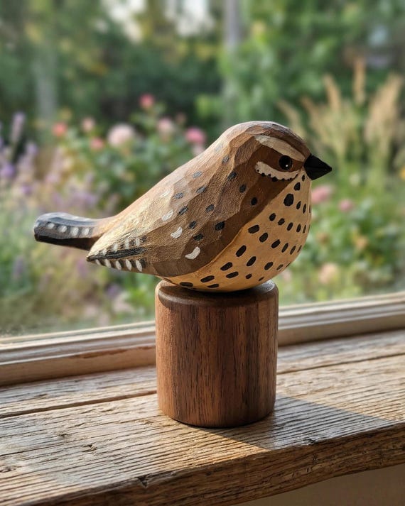 Hand Carved Cactus Wren Figurine, Whitted Desert Bird Statue, Rustic Wood Art