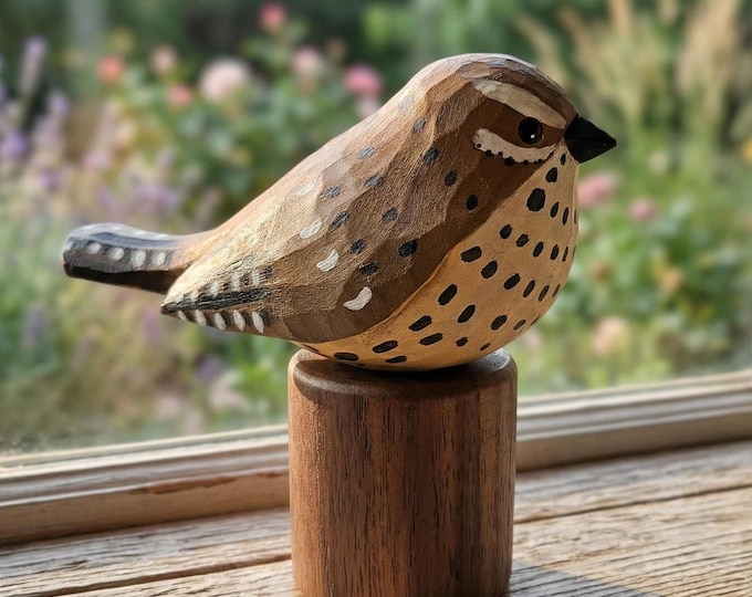 Hand Carved Cactus Wren Figurine, Whitted Desert Bird Statue, Rustic Wood Art