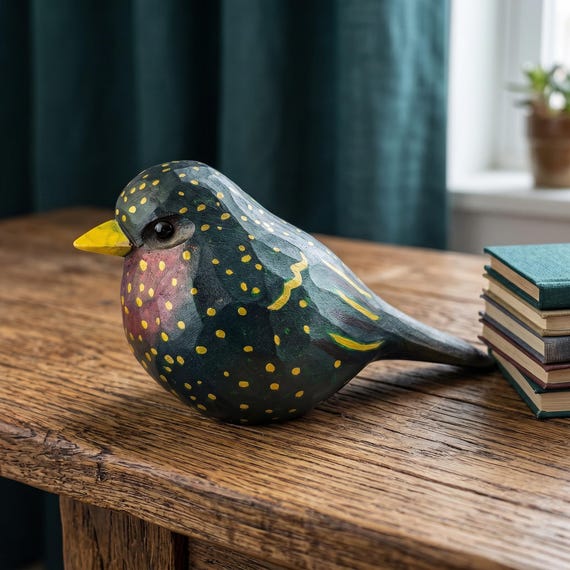 Hand-Painted European Starling Figurine, Carved Basswood Bird Sculpture, Walnut Base