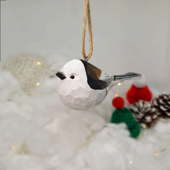 Long-tailed tit Hanging Christmas Ornaments Wooden Hand Carved Painted Bird