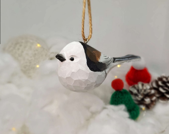 Long-tailed tit Hanging Christmas Ornaments Wooden Hand Carved Painted Bird