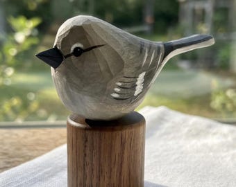 Hand Carved Northern Mockingbird Wooden Figurine | Rustic Whittled Bird Art, Nature Decor