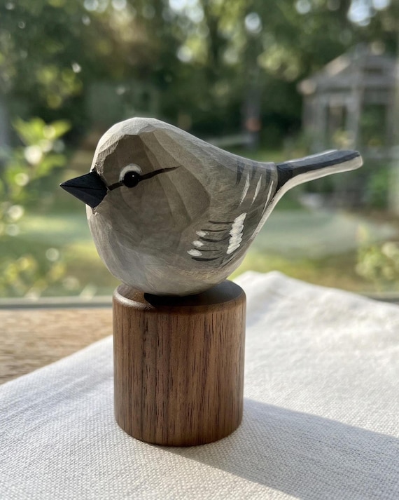 Hand Carved Northern Mockingbird Wooden Figurine | Rustic Whittled Bird Art, Nature Decor