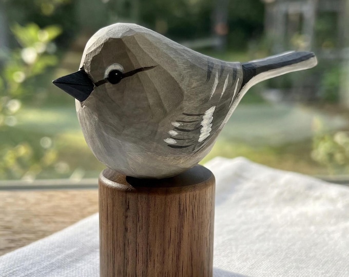 Hand Carved Northern Mockingbird Wooden Figurine | Rustic Whittled Bird Art, Nature Decor