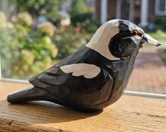 Hand-Painted Basswood Australian Magpie Figurine, Black Walnut Base, Miniature Bird Statue