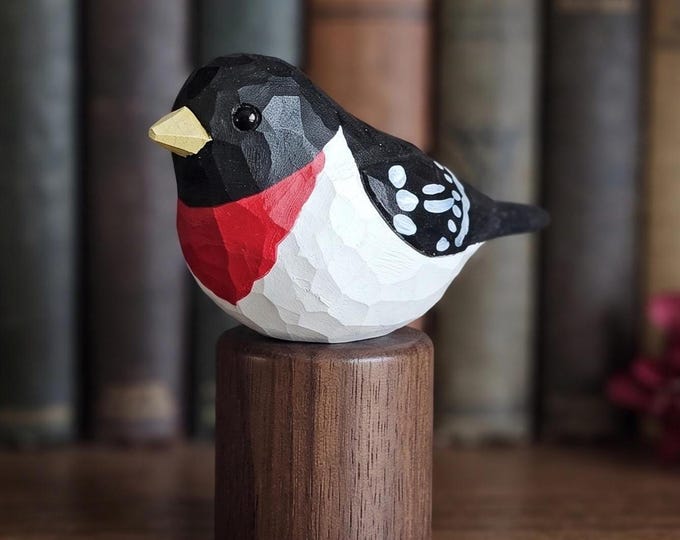 Hand Painted Basswood Grosbeak Figurine, Black Walnut Base Songbird Decor