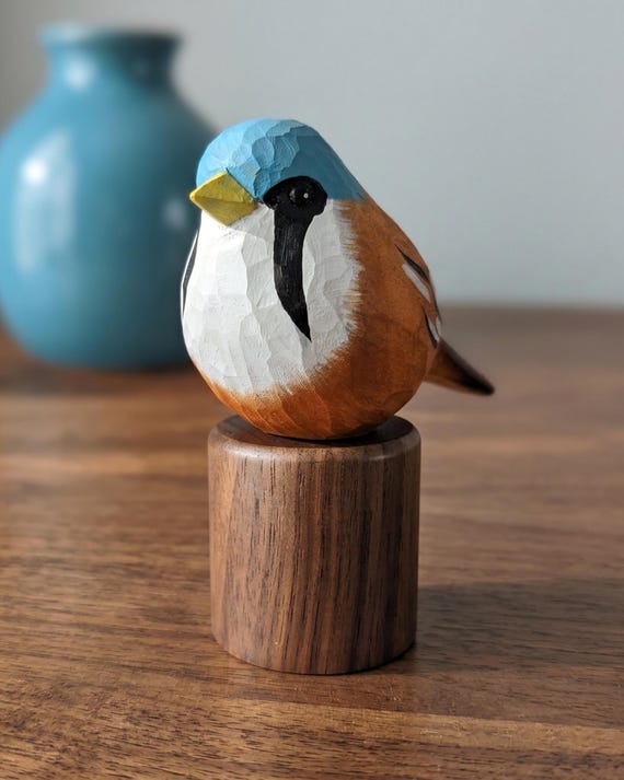 Hand Carved Bearded Reedling Figurine, Hand Painted Basswood Bird Statue, Walnut Base