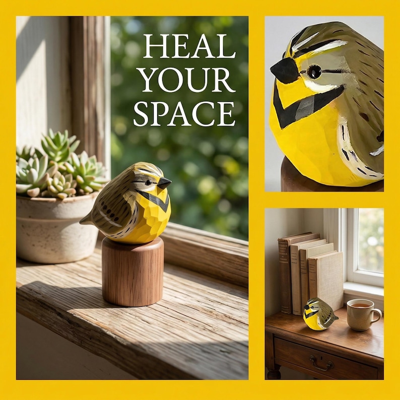 Hand-carved wooden Western Meadowlark figurine with a tactile whittled texture and hand-painted yellow breast. The graphic features lifestyle shots of the bird in a serene window setting with the text "HEAL YOUR SPACE." Ideal for rustic home decor, a nature-inspired shelf sitter, or a unique bird lover gift.