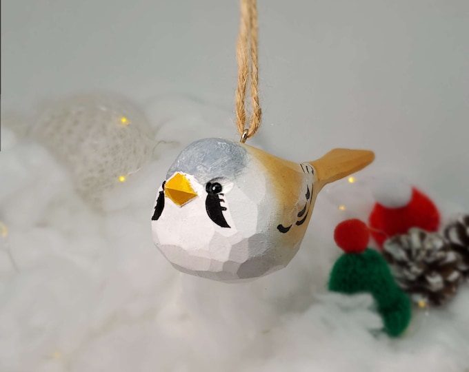 Bearded Tit Hanging Christmas Ornaments Wooden Hand Carved Painted Bird