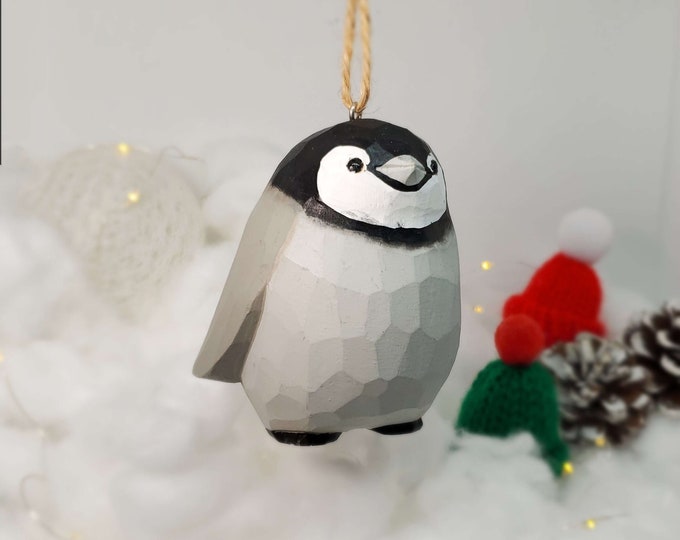 Penguin Hanging Christmas Ornaments Wooden Hand Carved Painted Bird