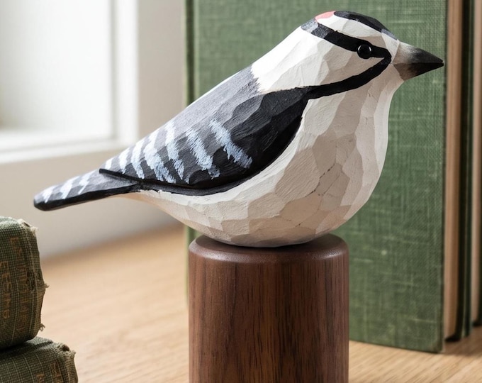 Hand Painted Downy Woodpecker Figurine, Basswood Carved Bird Statue, Black Walnut Base