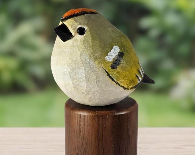 Hand Painted Golden Crowned Kinglet Wood Figurine, Sustainable Basswood Nature Art