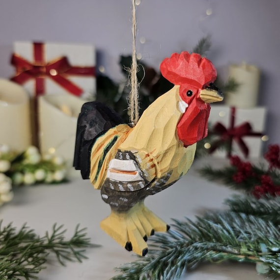 Hand-Painted Wooden Chicken Ornament | Basswood Farmhouse Barnyard Decor