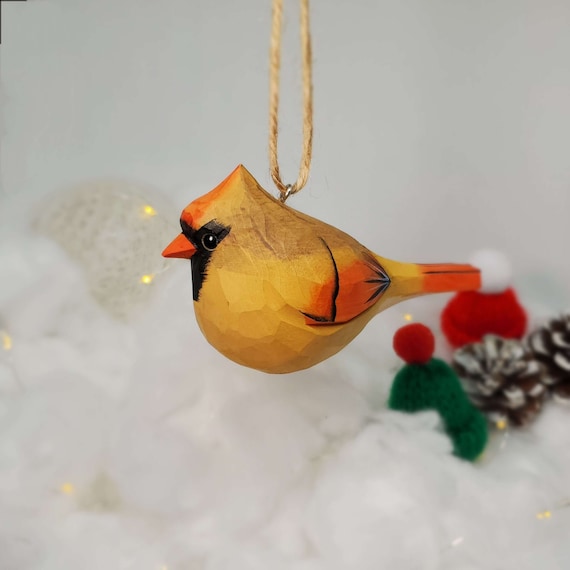 Hand Carved Female Cardinal Bird Ornament | Hand-Painted Basswood Christmas Tree Decor