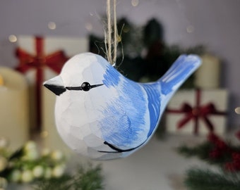 Azure Tit Wooden Christmas Ornament: Handcrafted Bird Holiday Decor