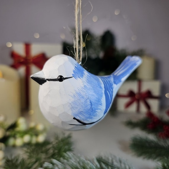Azure Tit Wooden Christmas Ornament: Handcrafted Bird Holiday Decor