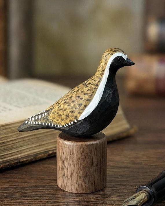 Hand Carved Pacific Golden Plover Wooden Bird Figurine, Whittled Shorebird Sculpture, Rustic Decor