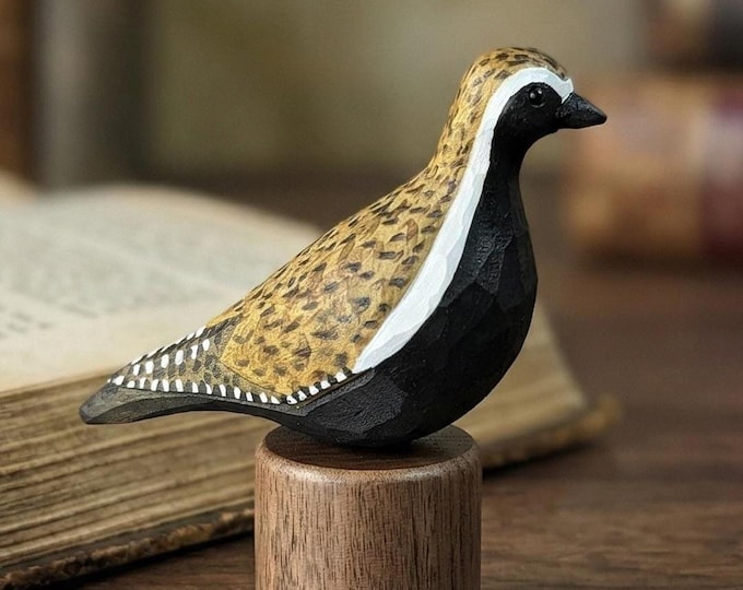 Hand Carved Pacific Golden Plover Wooden Bird Figurine, Whittled Shorebird Sculpture, Rustic Decor