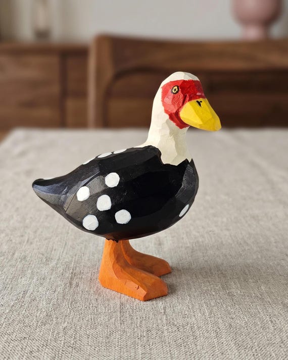 Hand Carved Muscovy Duck Figurine, Basswood Bird Statue, 5th Anniversary Wood Gift