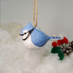 Blue Jay Hanging Christmas Ornaments Wooden Hand Carved Painted Bird