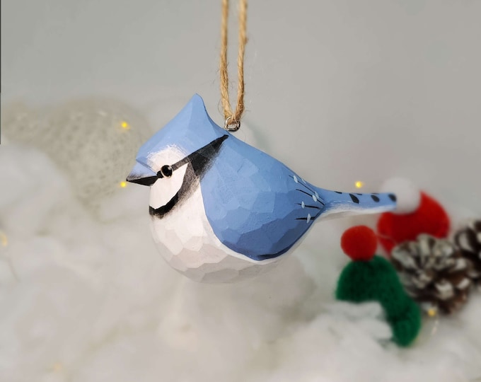 Blue Jay Hanging Christmas Ornaments Wooden Hand Carved Painted Bird