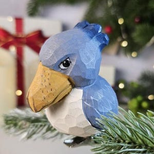Handgefertigter Schuhschnabel Holz-Clip – Vogel Ornament, Handarbeit, Naturholz, Unikat, Geschenkidee, Dekoration, Klammeranhänger